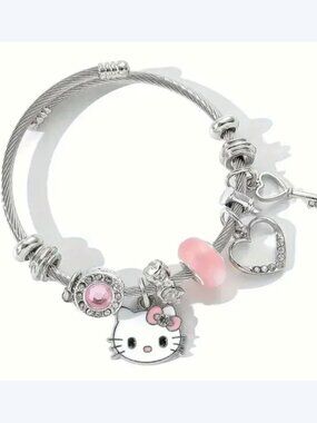 Hello Kitty Charm Bracelet Pink & Silver Tone Crystals & Stainless Steel Bangle
